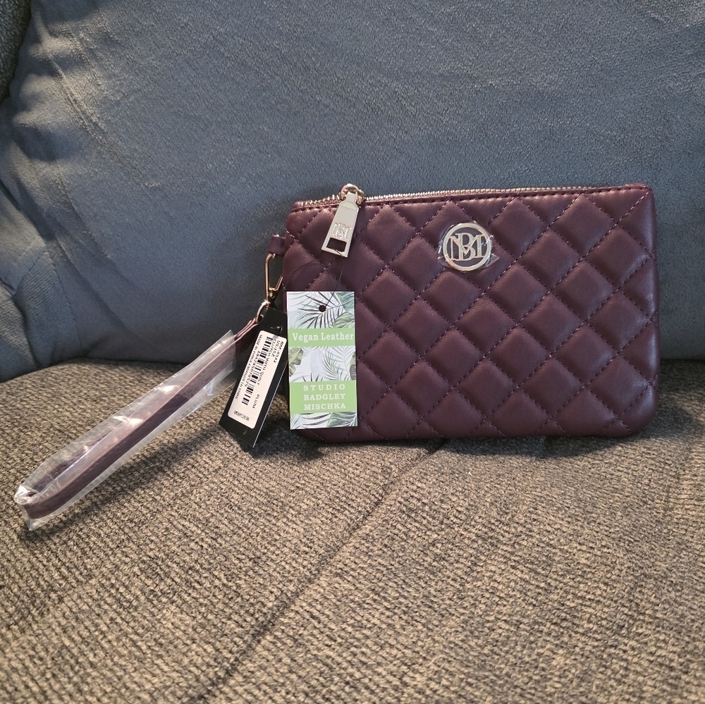 Badgley Mischka Quilted Wristlet - Plum With Gold Hardware